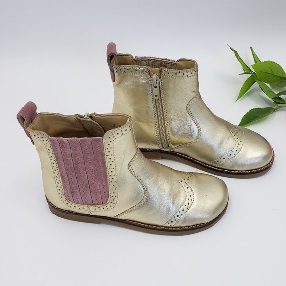 Mini Boden Girl's Ankle Boots Size 13 Gold Leather Pink Suede Wingtip Chelsea - Picture 1 of 12